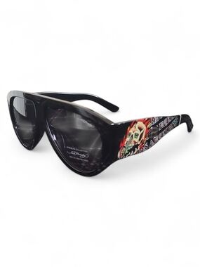 NWOT Authentic Ed Hardy Black Sunglasses with Colorful Tattoo Side Detail